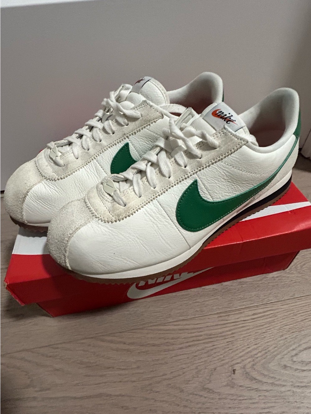 Nike Cortez w/box - white (sail), green (aloe verde), black/gum sole.  Size 10.5